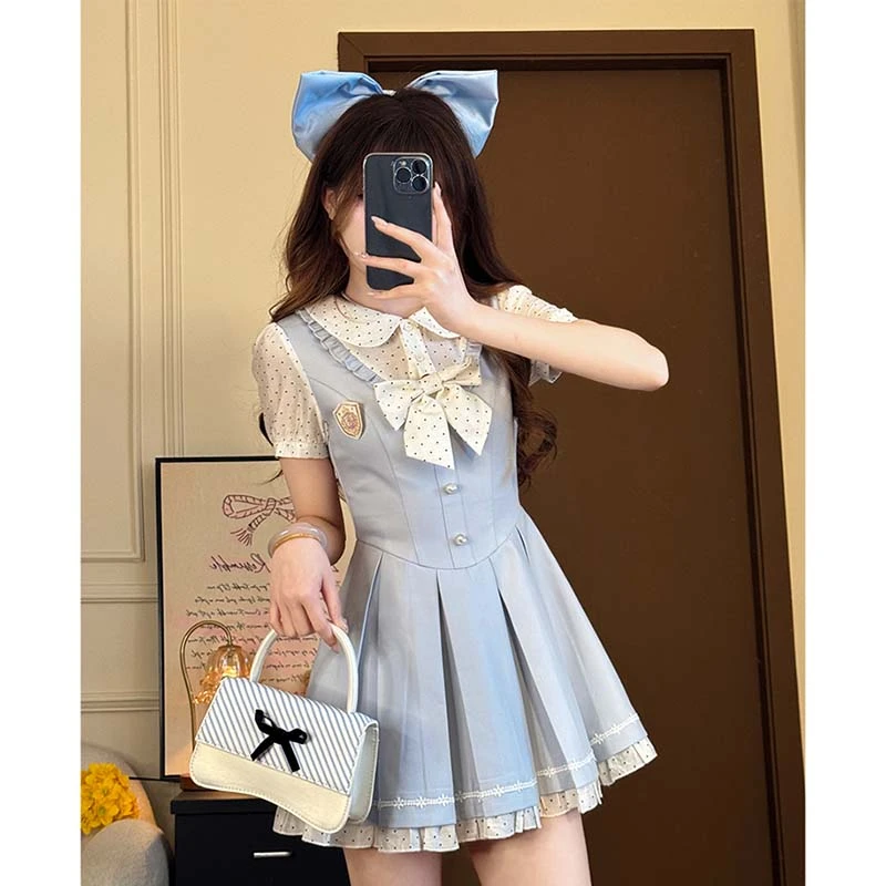 【送胸章】学院风蓝色假两件连衣裙女夏拼接波点衬衫领短裙D3103