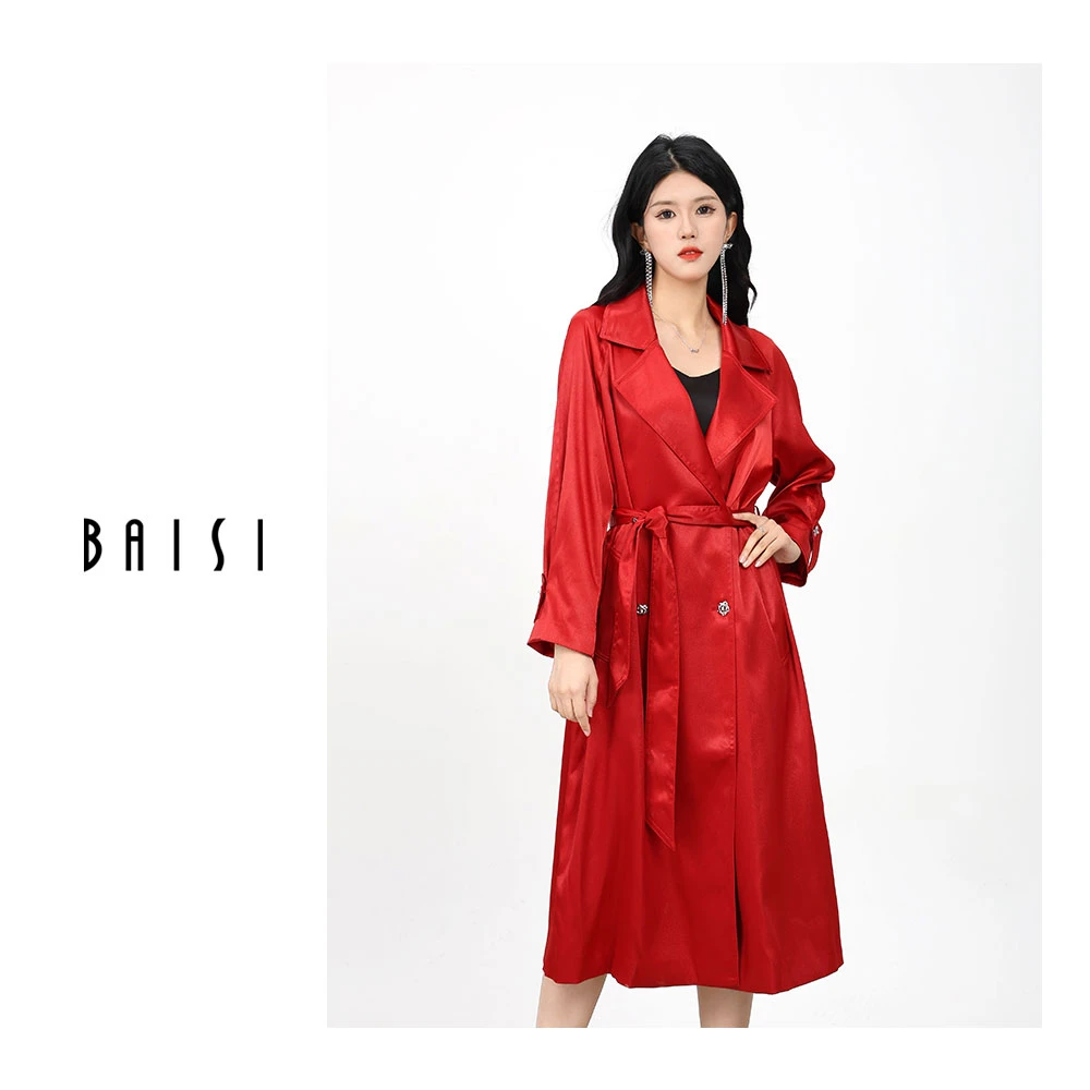 BAISI/百丝春日出行中长款风衣(腰带)ADIH401142时尚轻奢气质红色