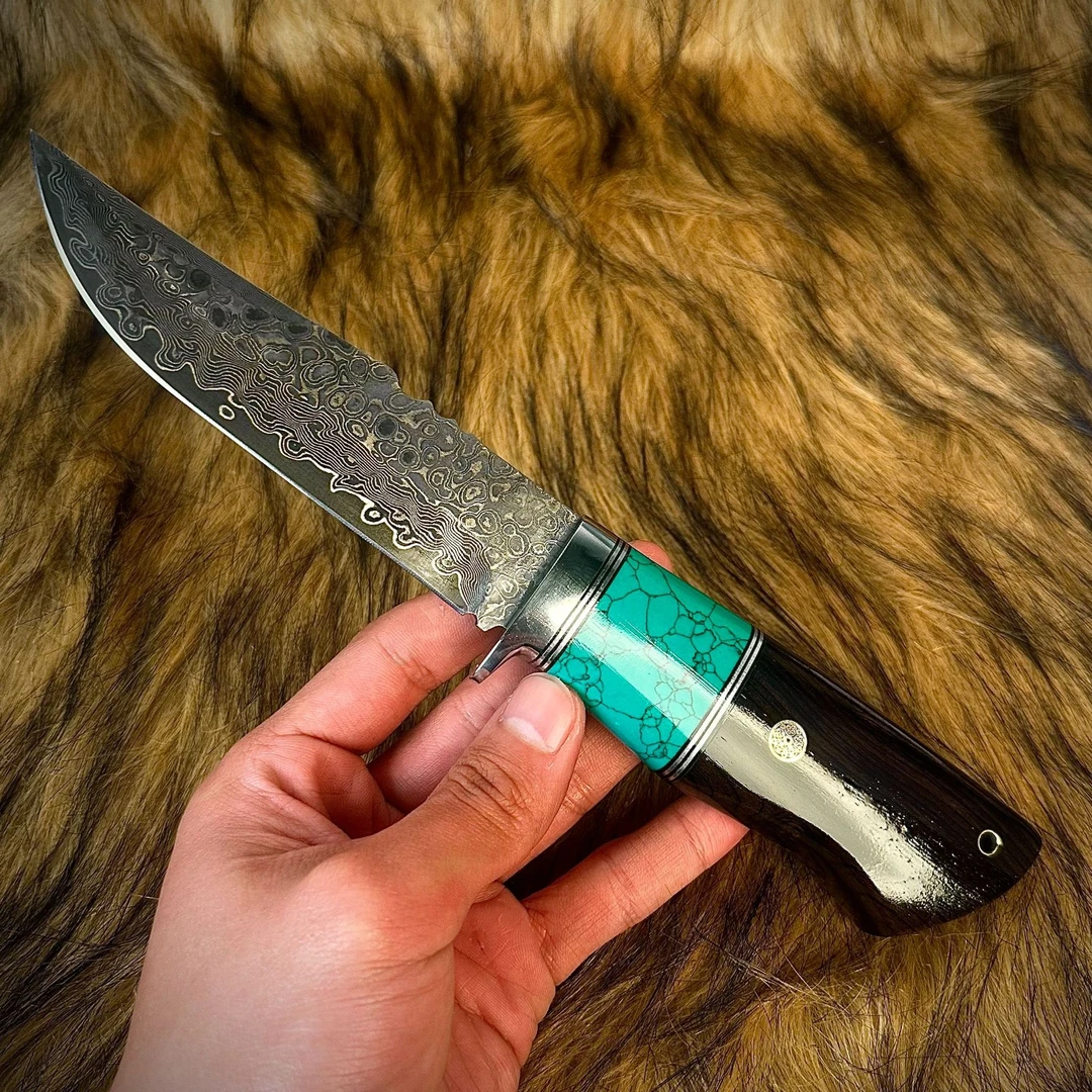 【高工款】紫光檀+绿松石折叠堆叠锻打工匠大马士革手工刀