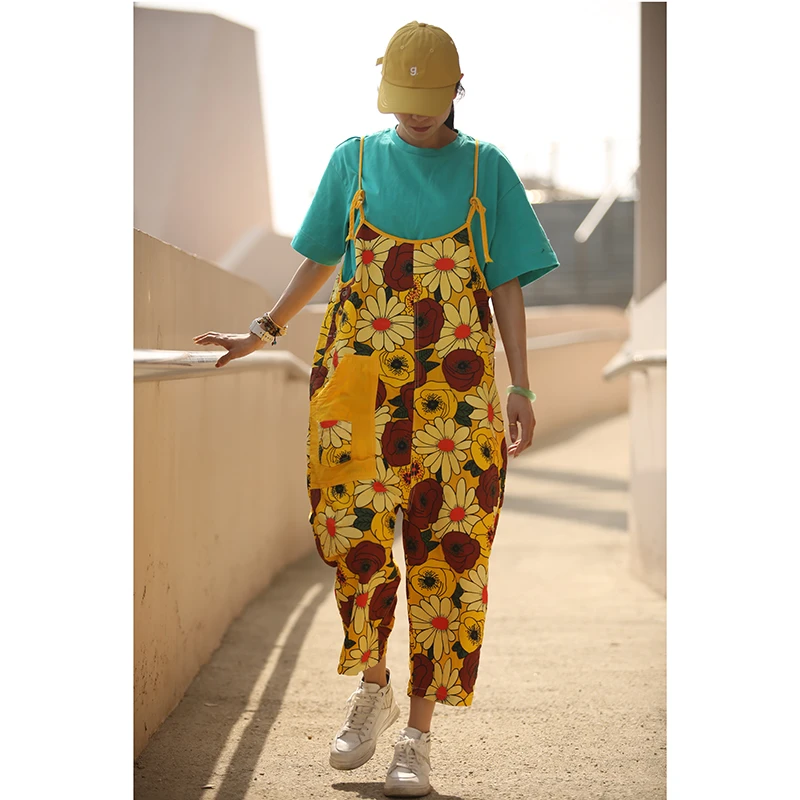 念北穿搭小笑脸太阳花牛仔系带背带裤B