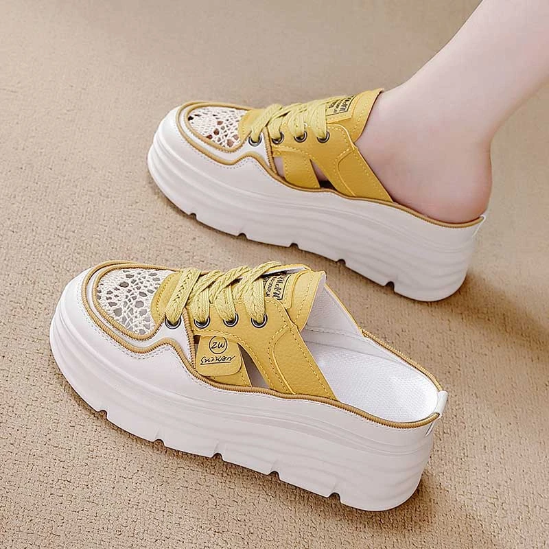 品牌厚底5公分网红包头半拖鞋女2025小码34镂空拖鞋显高时尚凉鞋