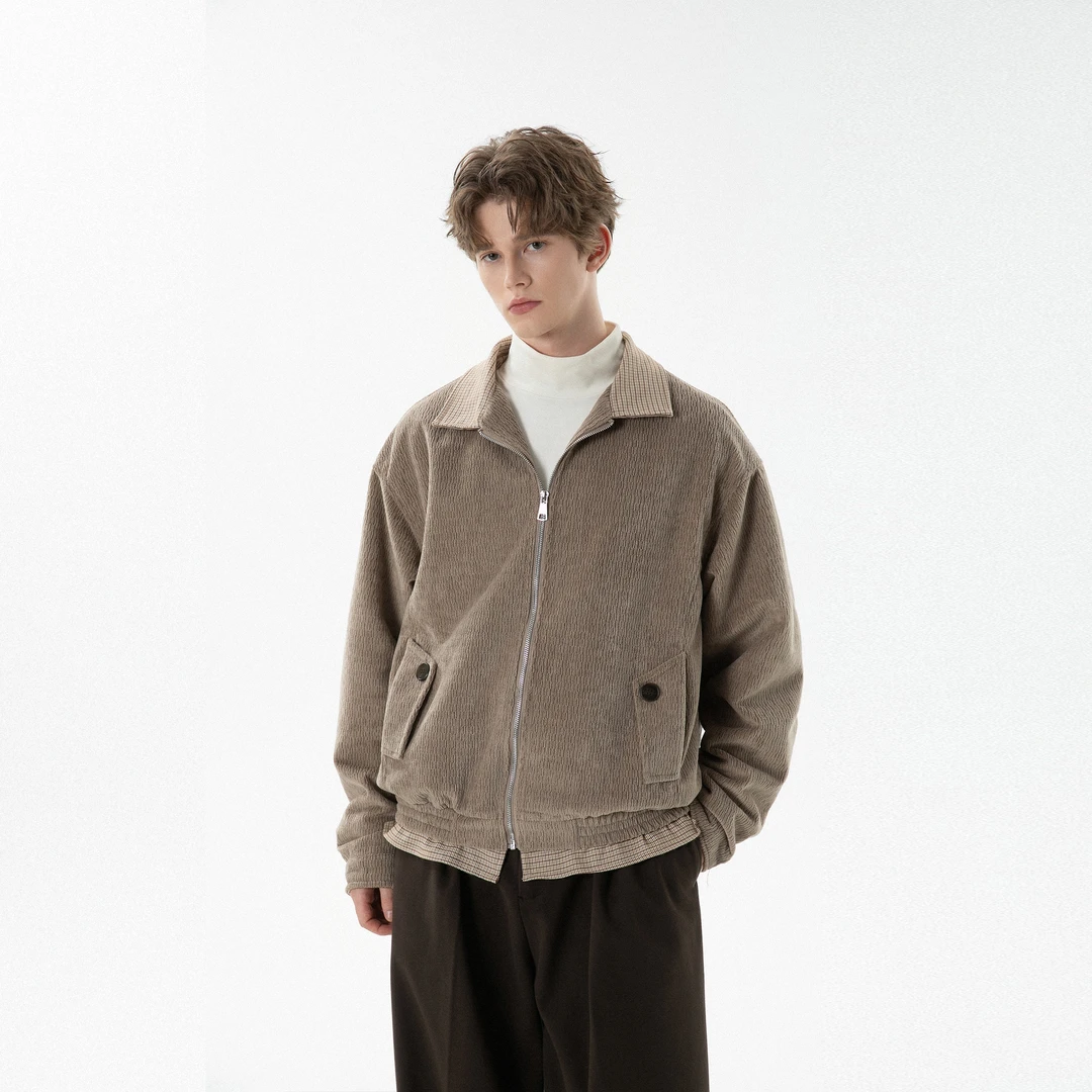 Jaaniste绒感琥珀流光老钱风夹克男千鸟格假两件拼接百搭情侣外套