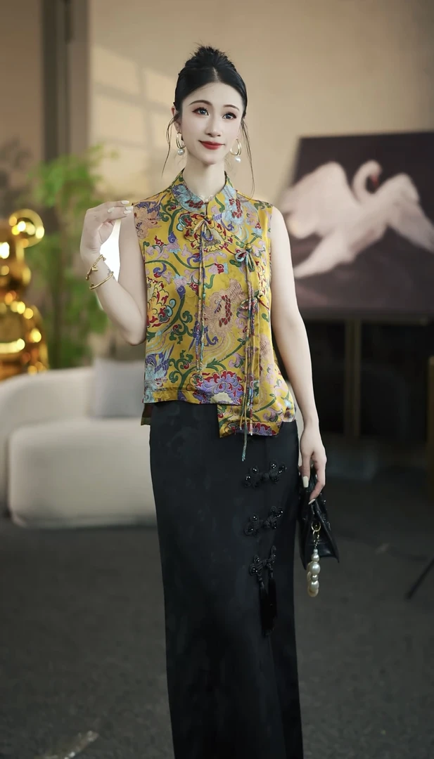 3793新国潮斜扣飘带马甲