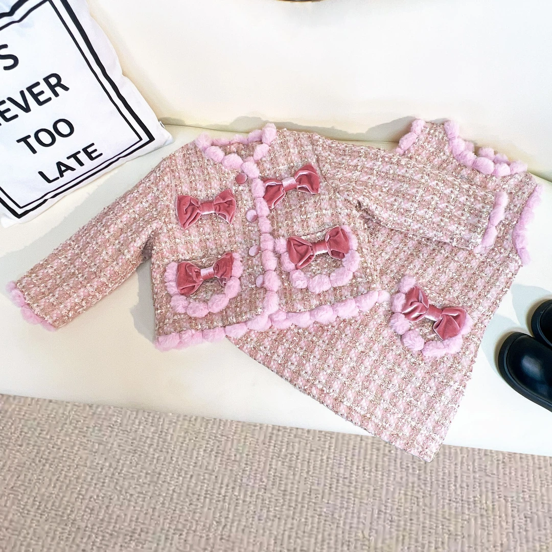 女童韩系粉色小香风夹棉气质连衣裙套装冬款洋气马甲两件套K5629