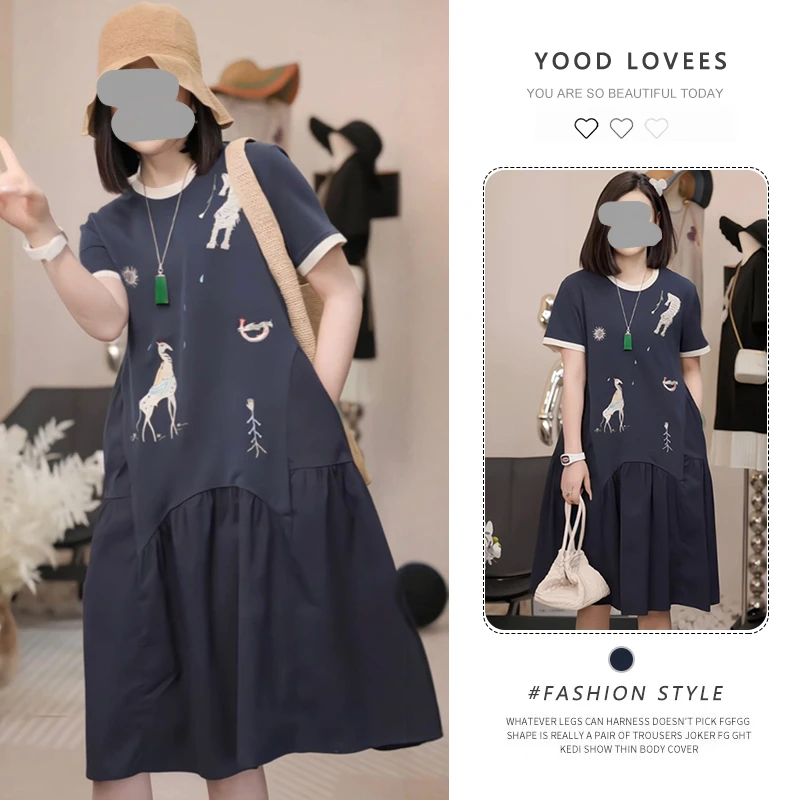 欧洲站2025夏季新款韩版显瘦圆领连衣裙女洋气休闲减龄短袖中裙潮