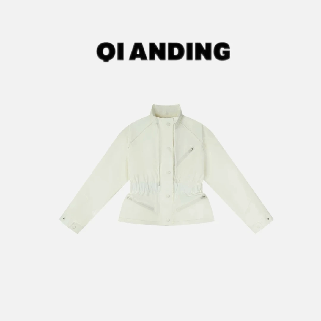 【QIANDING】2025早春设计感拉链口袋收腰休闲外套2578