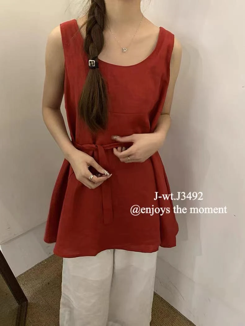 杨杨 夏季时尚亚麻飘带背心J3492