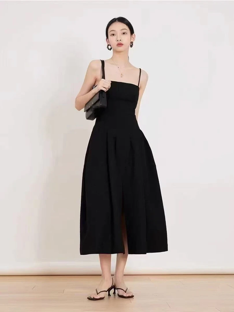 9546号#1543#纯色前下摆开叉收腰气质吊带裙（带里衬有口袋）（预）