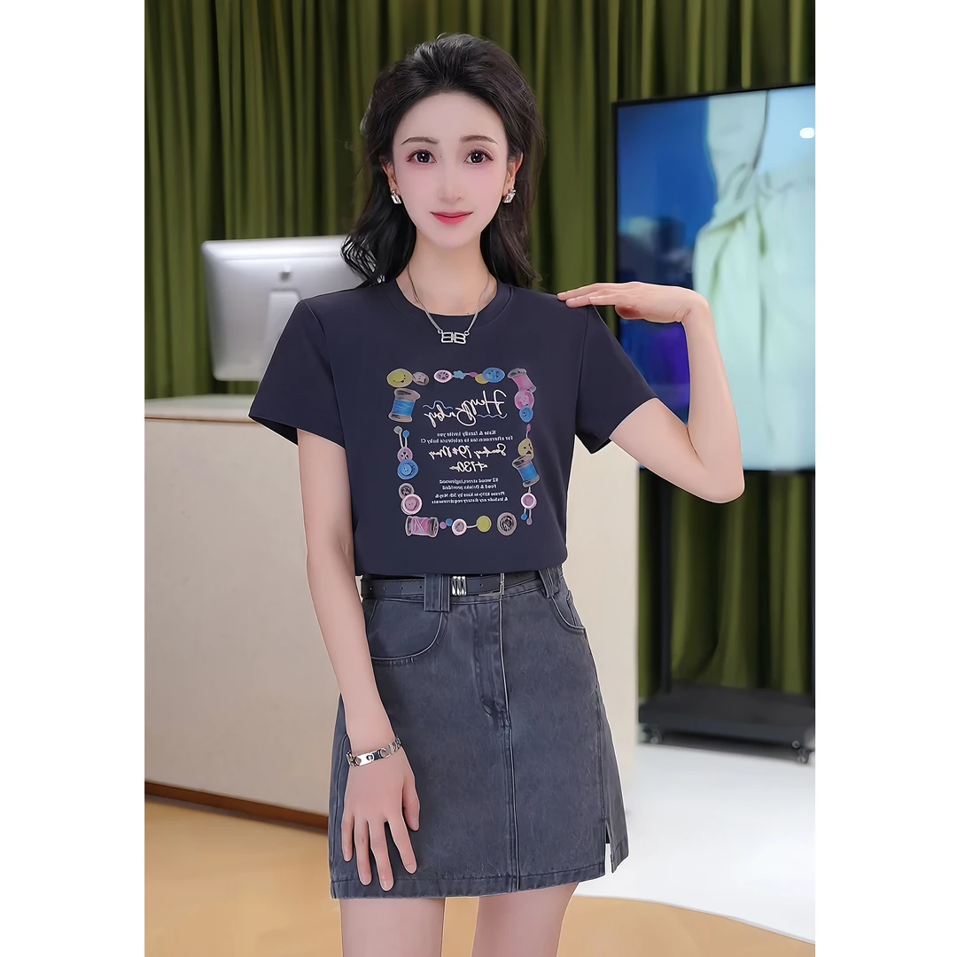 艾格2025春夏显瘦时尚休闲线圈字母气质百搭圆领修身女士T恤