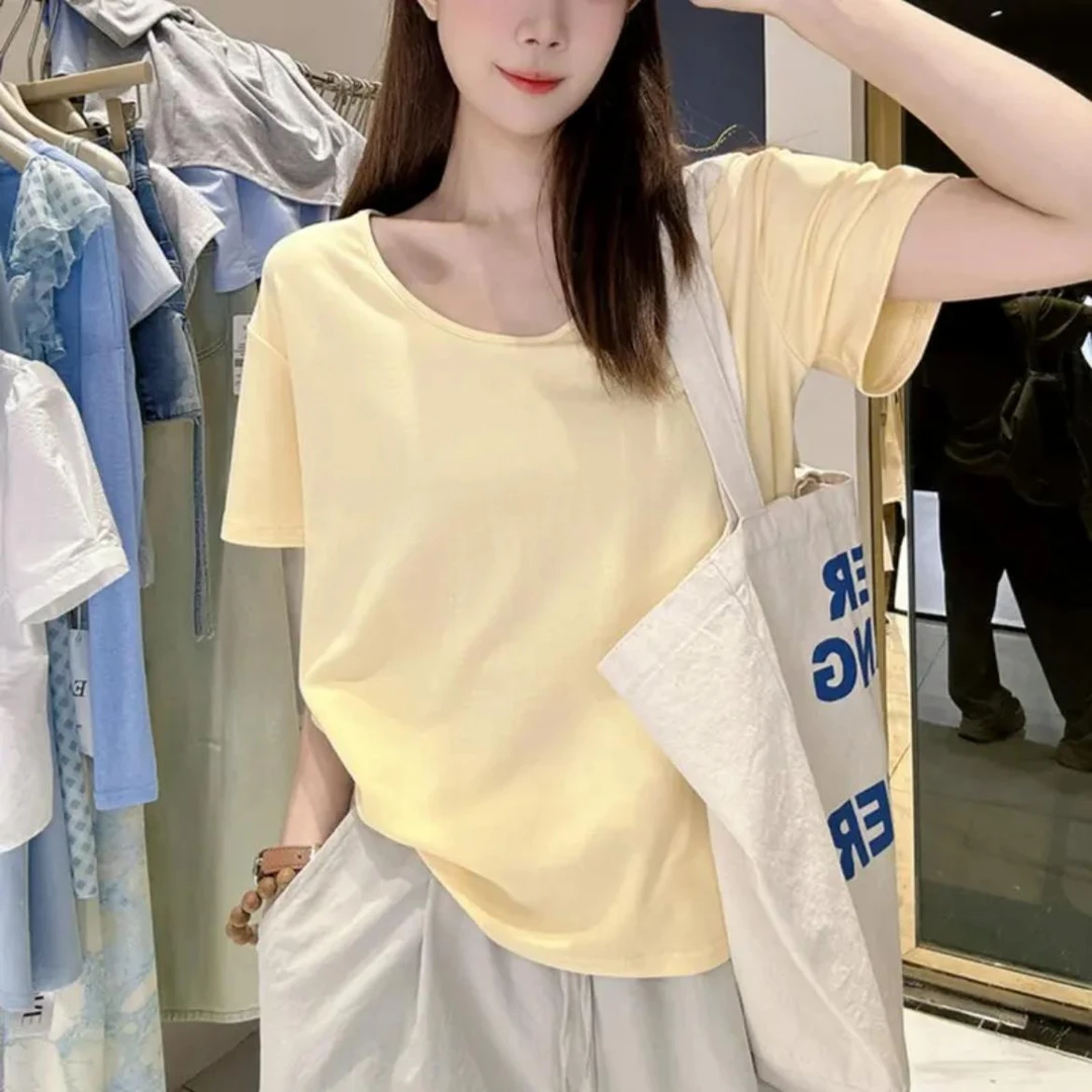 纯欲风夏季网红短袖白色大领口时尚V领t恤正肩夏宽松显瘦内搭女潮