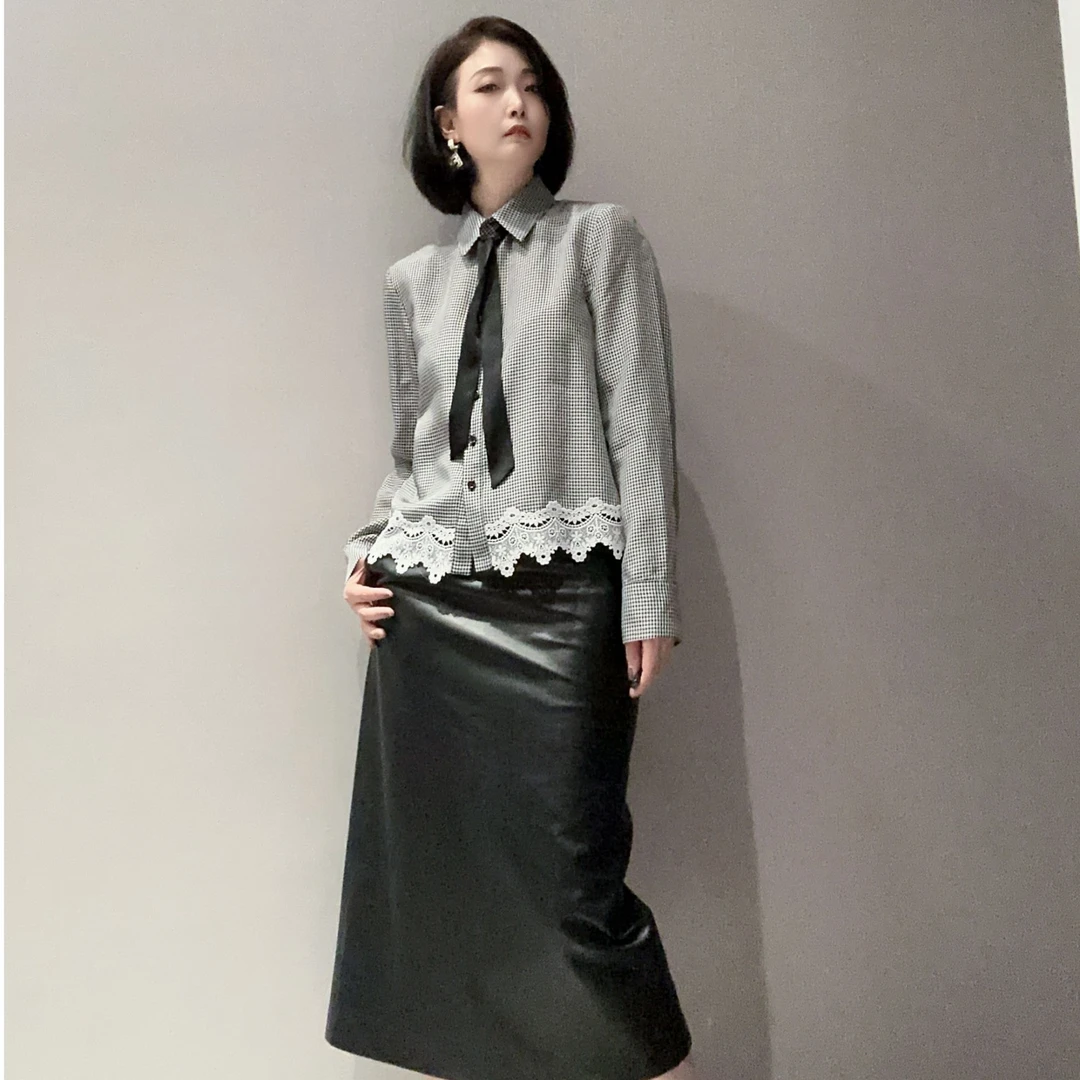 高定轻奢格调小细格纹蕾丝边飘带长袖衬衫MT10268