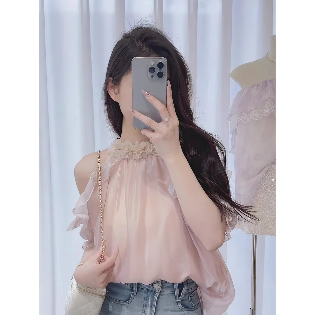 法式设计感挂脖露肩上衣女夏季新款气质温柔风超好看漂亮超仙衬衫