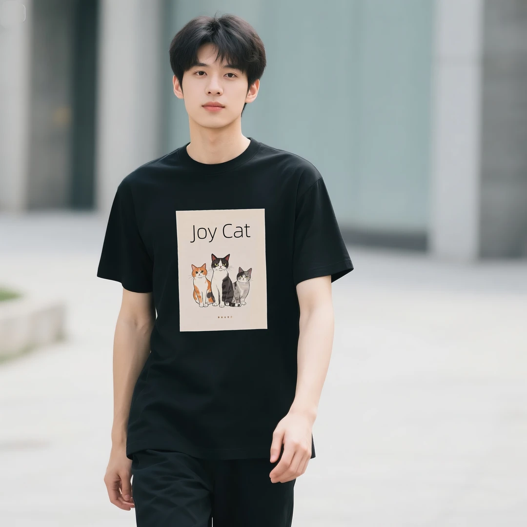 WPRA原创T恤猫咪印花短袖男女同款Joy Cat设计感宽松休闲潮牌上衣
