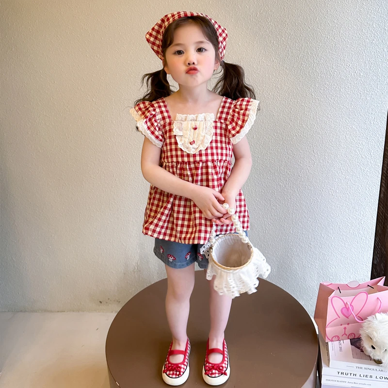 女童新款夏季童装欧风时尚穿搭格子衬衫配洋气牛仔短裤可爱俏皮两