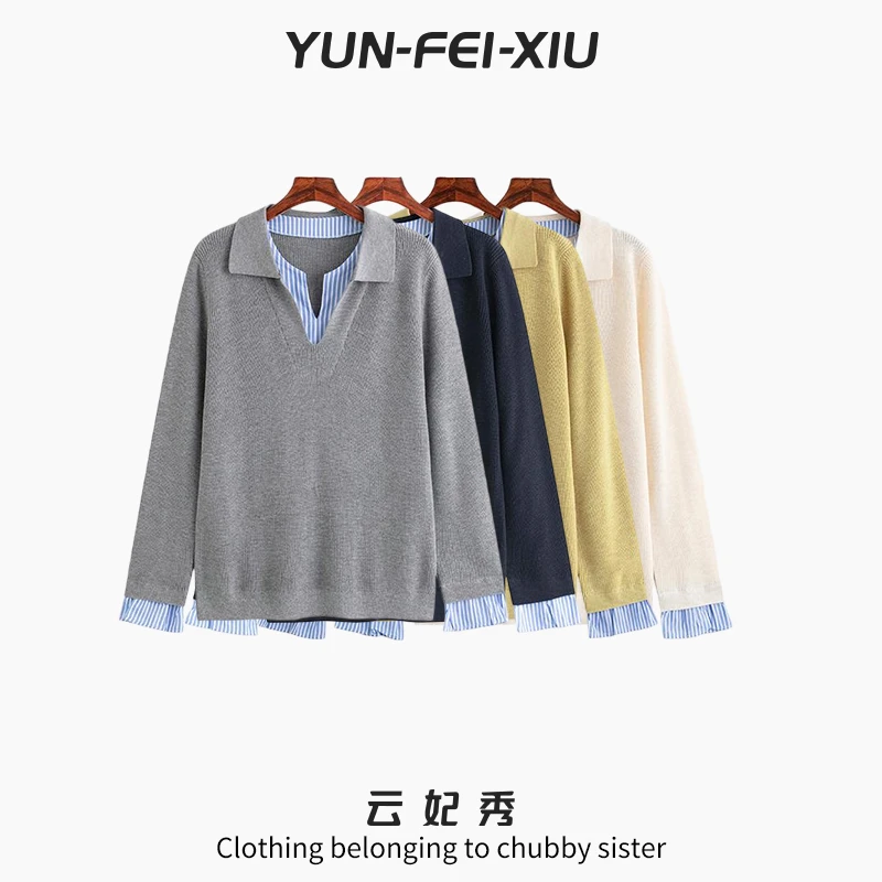 云妃秀大码女装针织衫POLO领学院风时尚宽松显瘦胖妹妹秋23216