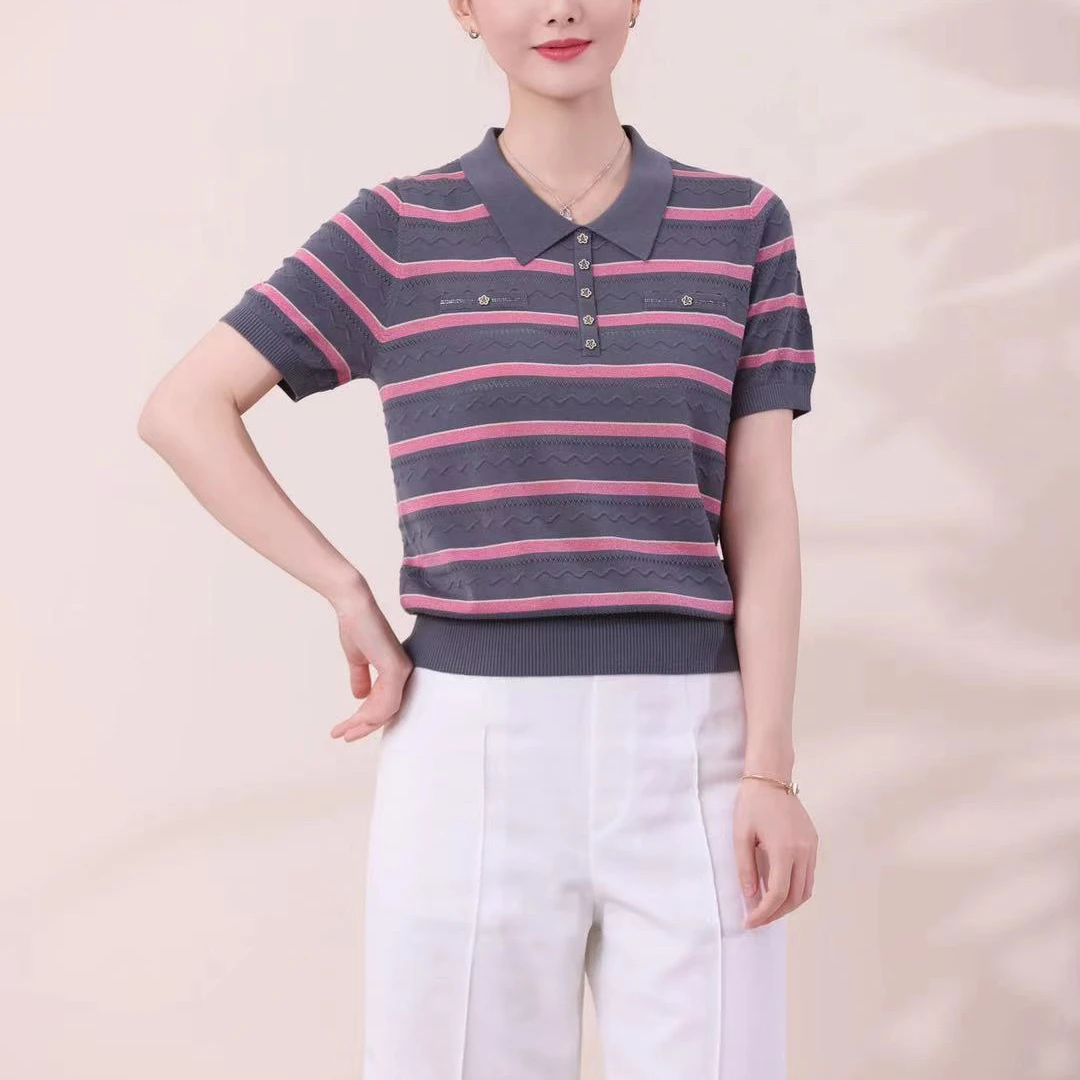 【夏款新品】时尚简约条纹翻领透气凉爽短袖