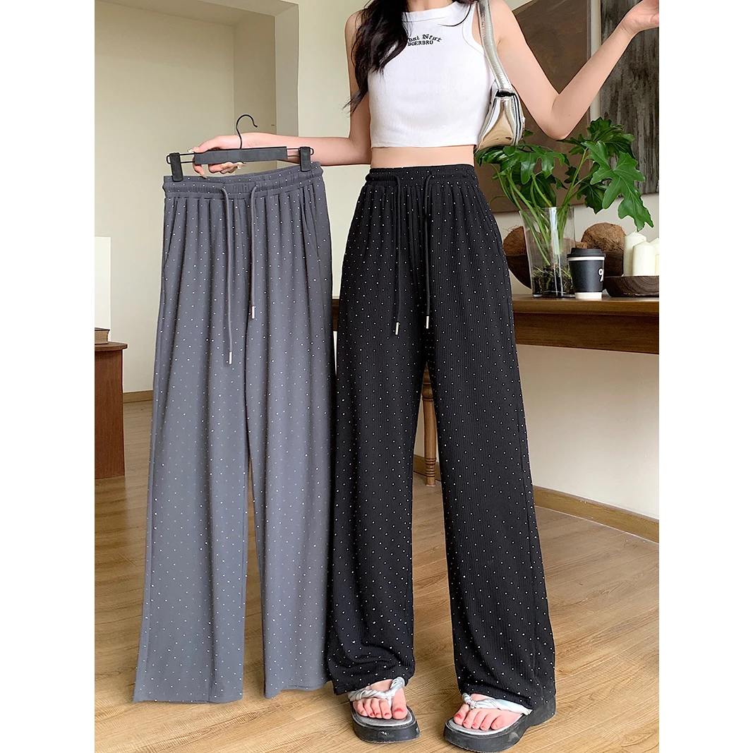 19327（29）夏装新款胖mm大码设计感高腰烫钻重工裤子阔腿裤拖地裤