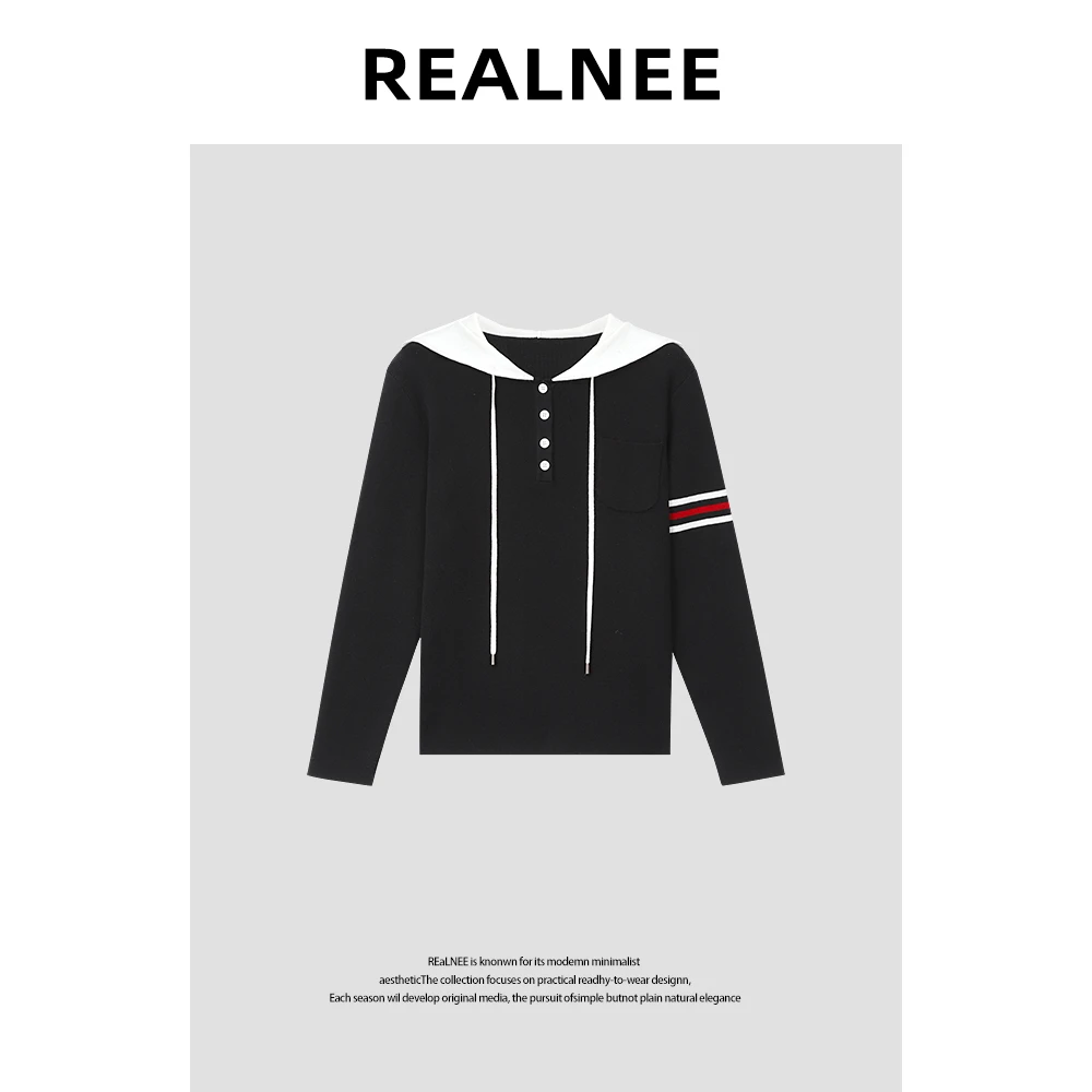 【夜色恋曲】”Y毛衣”设计感撞色拼接条纹杠连帽休闲毛衣Y10203