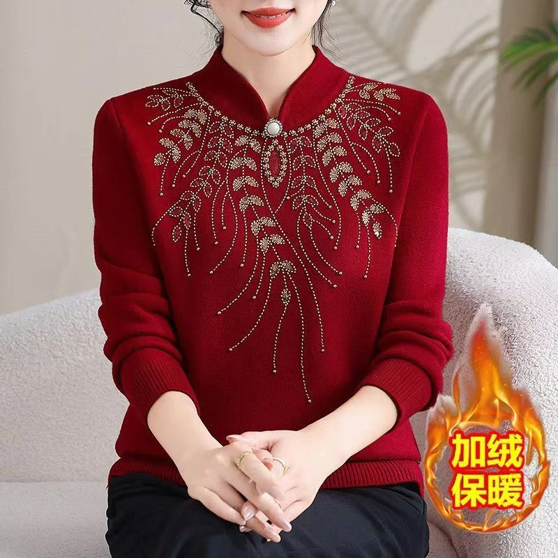 妈妈装一体绒毛衣冬季中老年人加绒加厚旗袍领时尚保暖打底衫上衣