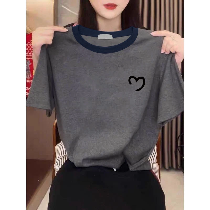 撞色正肩简约圆领短袖t恤女装2025新款时尚独特漂亮休闲上衣夏季