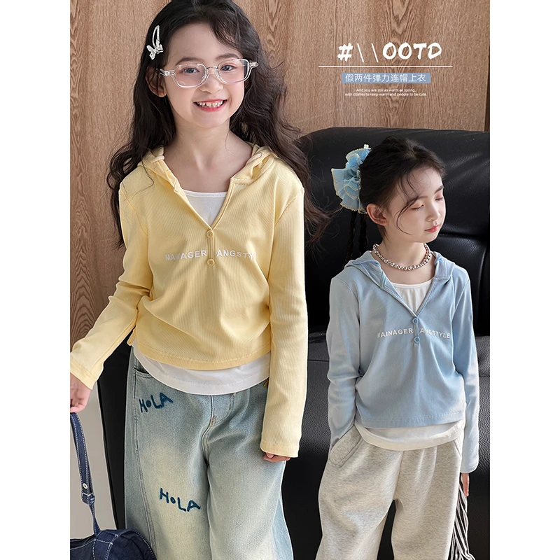 女童T恤春秋季新款儿童洋气假两件上衣中大童休闲长袖25022107