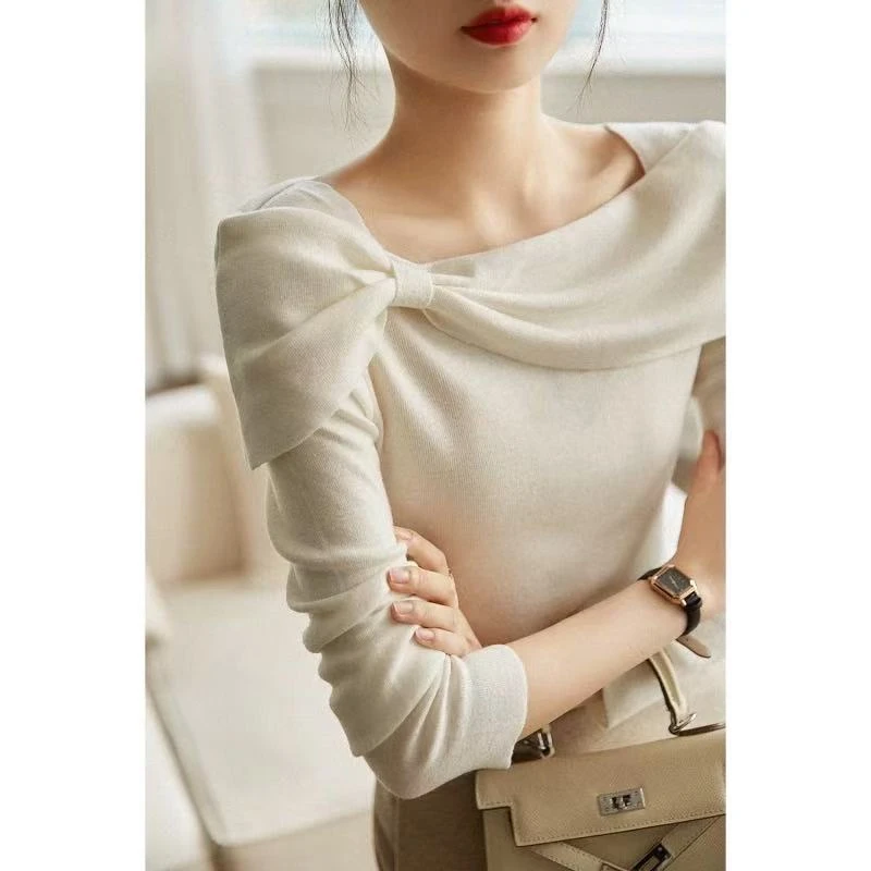 气质一字肩蝴蝶结针织衫2025早秋新款韩版修身显瘦打底上衣女9939