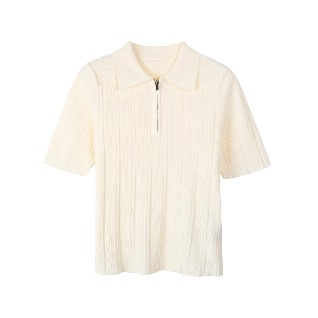 30573常【鄂R订单】时尚显瘦简约半拉链POLO领修身半袖针织衫0100