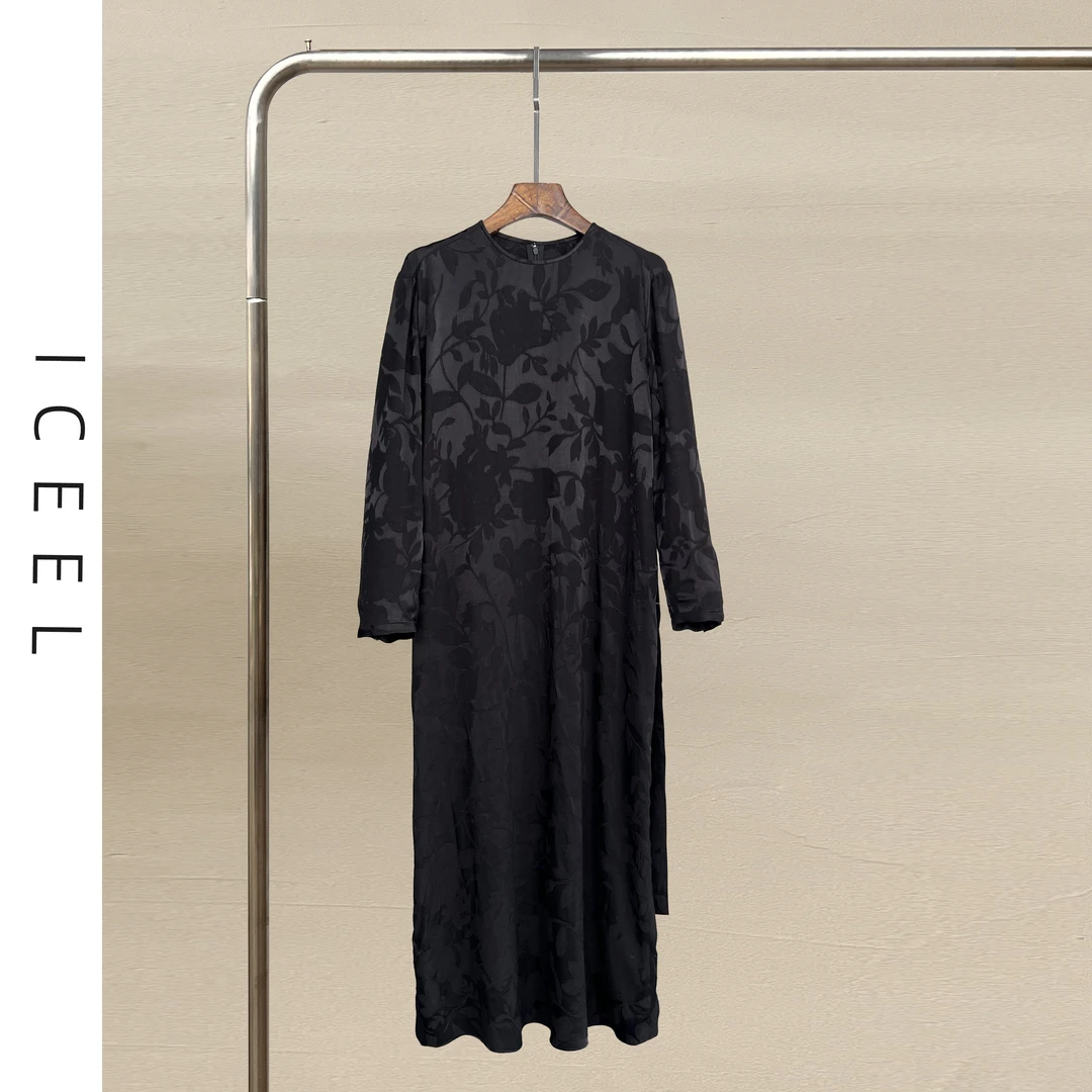 ICEEL原创高级气质连衣裙女春季新款提花圆领宽松国风黑色长裙子