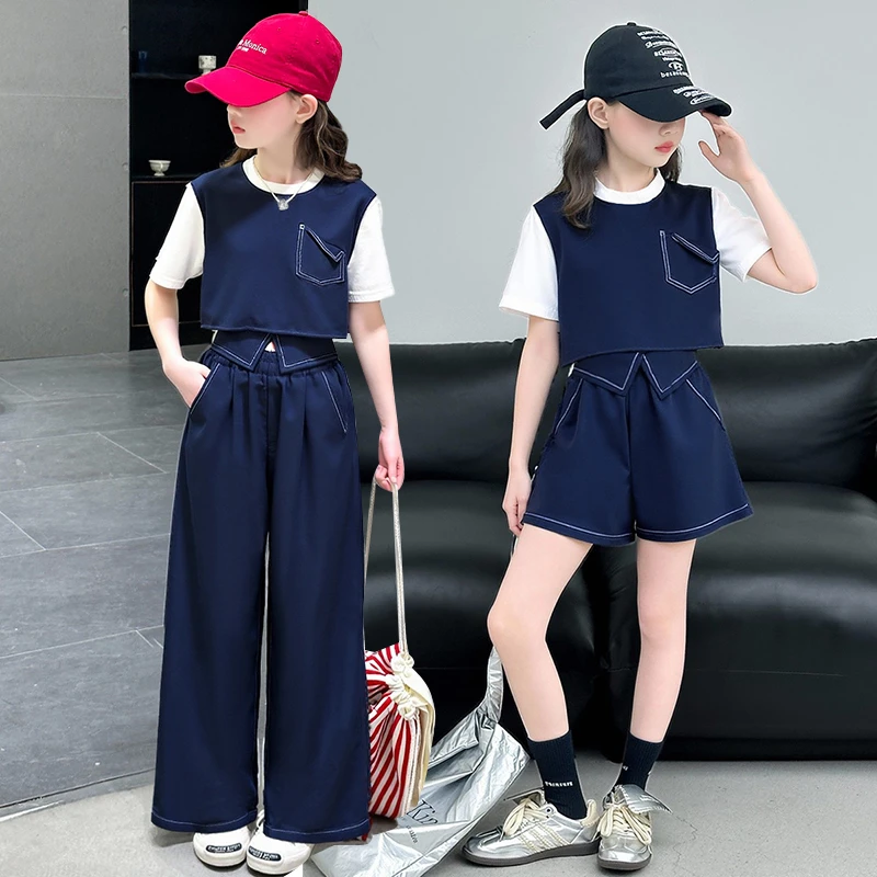 女童夏季假两件套装2025新款儿童撞色短袖上衣休闲短裤长裤两件套