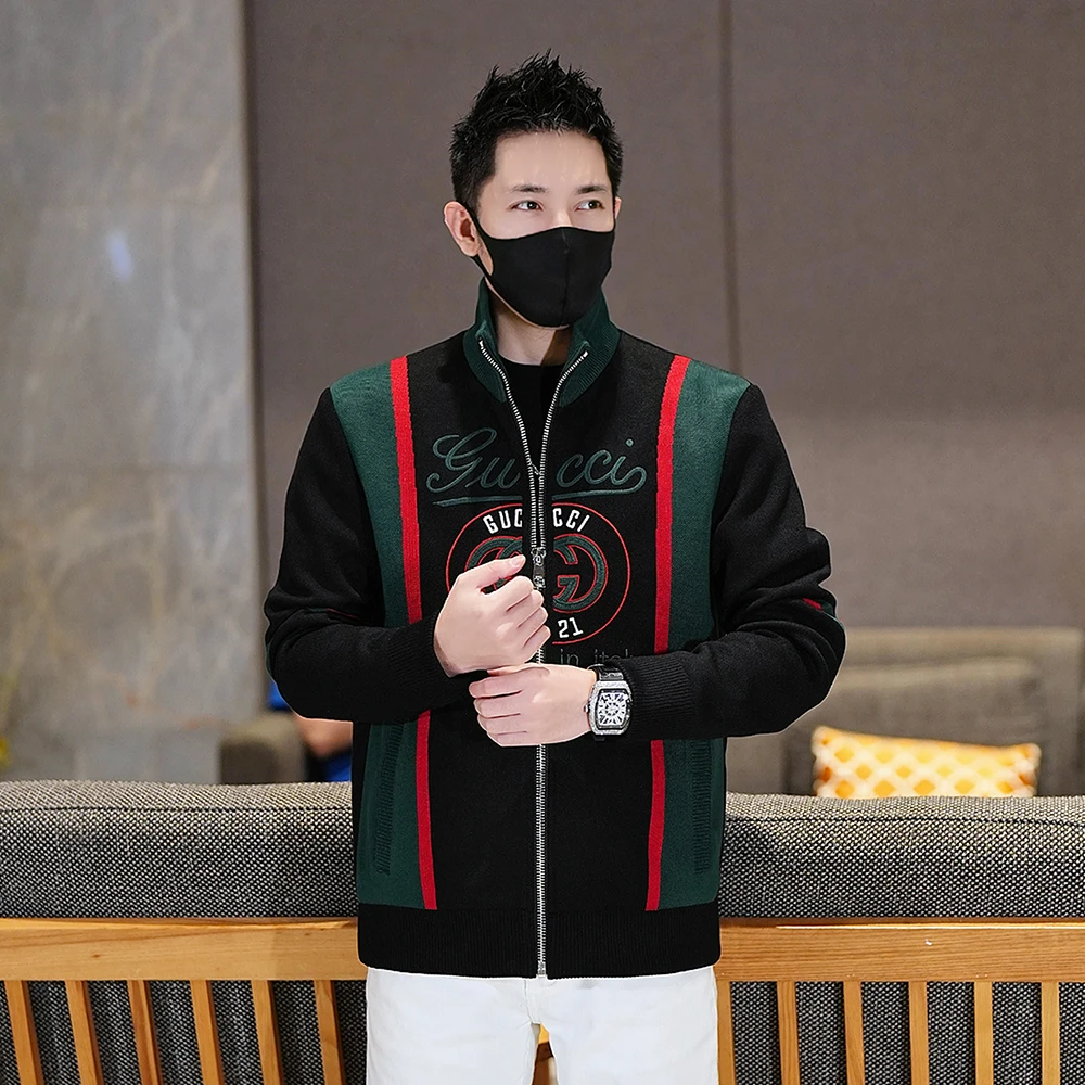 秋季潮流2025男士印花针织开衫秋冬新款时尚休闲百搭男士立领