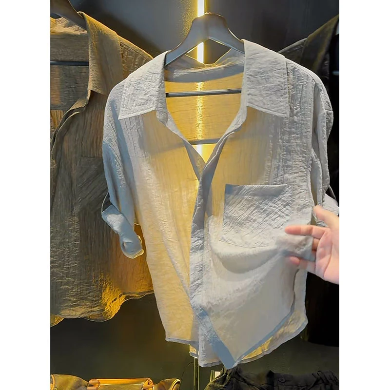 欧洲站轻奢大牌男装上衣2025夏季新款老钱风中袖斜襟短袖纯色衬衫