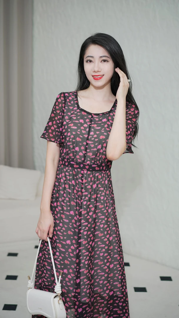 迪图夏季时尚显瘦前开叉碎花气质国风中长款宽松收腰连衣裙