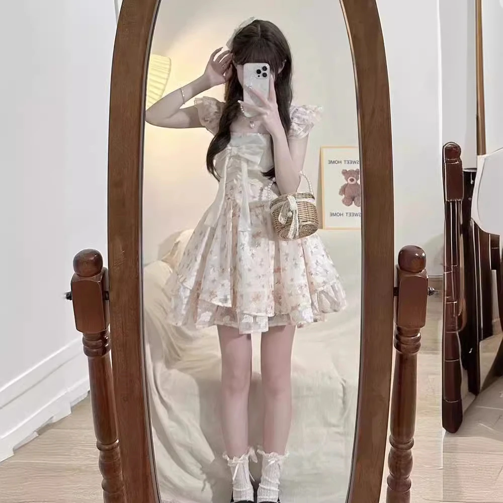 法式甜美纯欲风小飞袖蝴蝶结碎花连衣裙小个子在逃公主蓬蓬裙时尚
