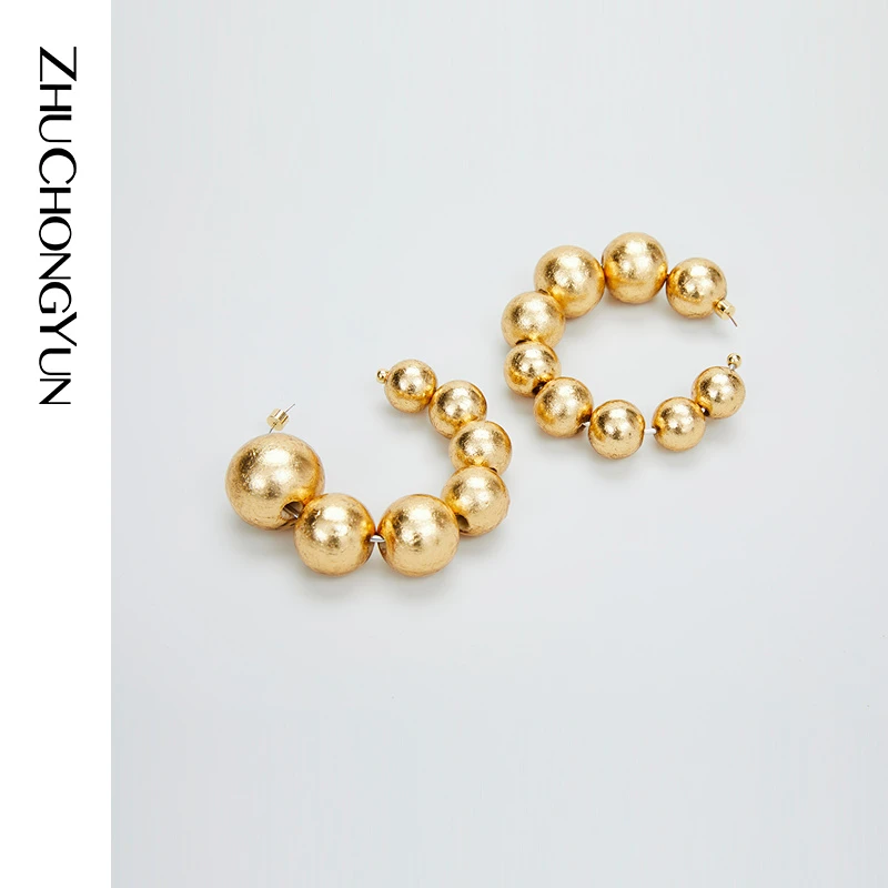 非金属木质耳饰 ZHUCHONGYUN2024秋新款箔金色串珠耳环C2EG3002E