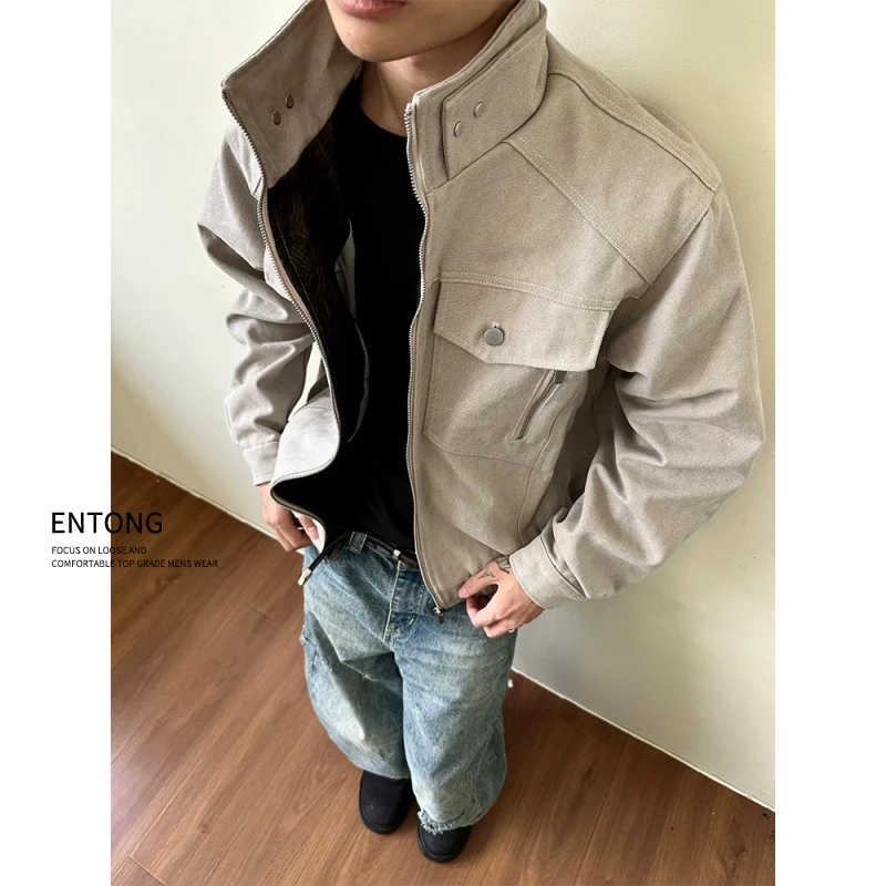 Entong美式做旧立领工装夹克男款秋季设计感cleanfit飞行短款外套