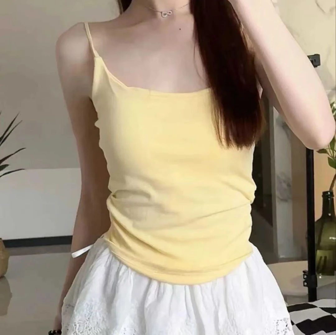 曼儿  新款纯欲甜辣设计感褶皱吊带背心女外穿内搭带胸垫美背