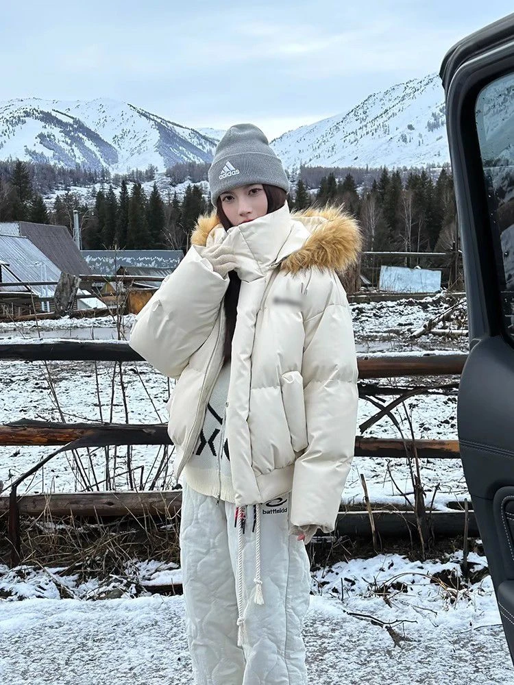 美式复古可拆连帽冬季PU皮棉服女加厚保暖高级感毛领派克夹克930