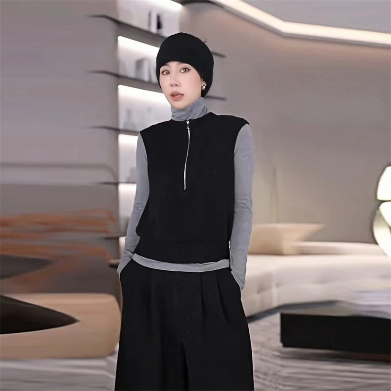 今年流行韩系搭配一整套春装减龄半拉链针织马甲女纯色长袖打底衫