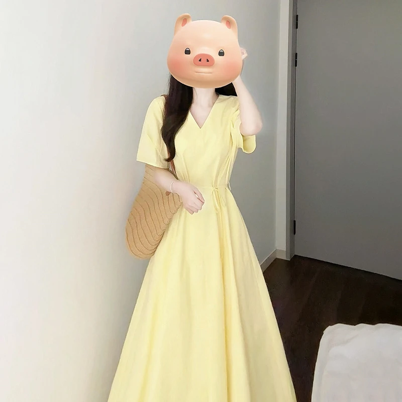 2025新款法式V领黄色衬衫连衣裙子女夏独特漂亮得体大方气质长裙