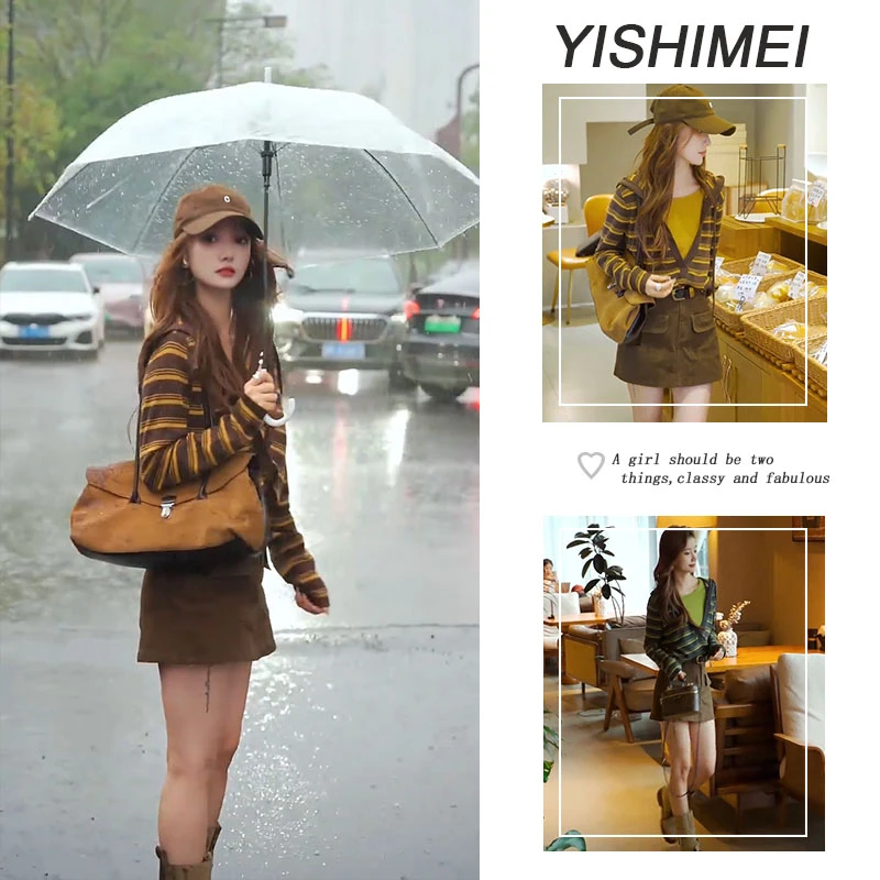 2025年秋季新款爆款时尚假两件连帽针织条纹短款上衣高腰短裙套装