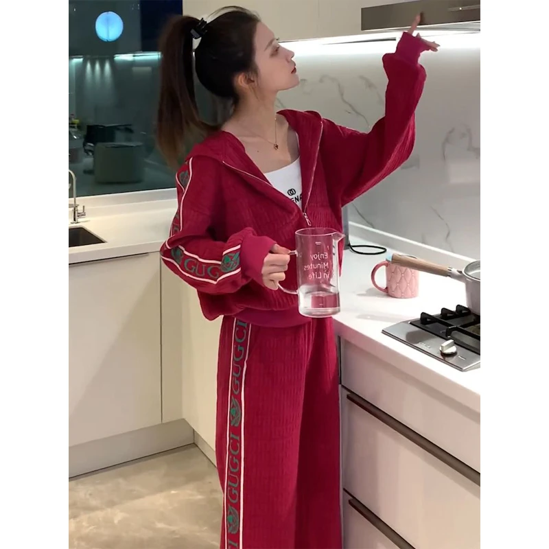 胖mm特大码300斤酒红色运动套装女春秋季宽松显瘦连帽卫衣两件套2