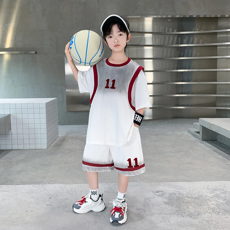 男童篮球服假两件套装2025新款夏季运动速干训练服球衣两件套2507