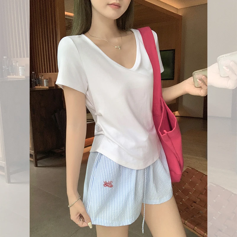 纯欲性感百搭白色v领正肩侧腰收褶短袖T恤女基础款设计感上衣