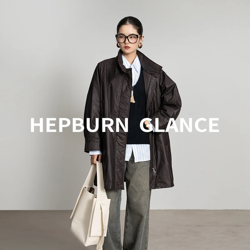 HG/荃棉三防油蜡涂层 90白鹅绒羽绒服女中长款廓形风衣夹克外套冬