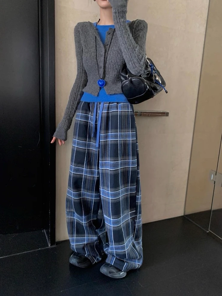 望野集Widset（蓝灰序章）出游服饰女假两件毛衣+垂感蓝格子裤8073#