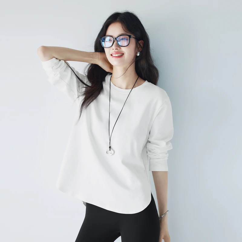 伊芙丽基础款长袖圆领弧形下摆高能感长袖圆打底T恤上衣1F7901211
