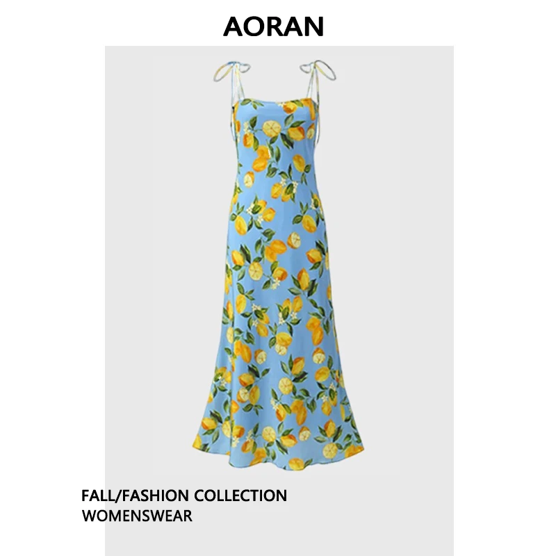 AORAN 辣目洋子同款法式海岛风度假多巴胺柠檬印花吊带连衣裙