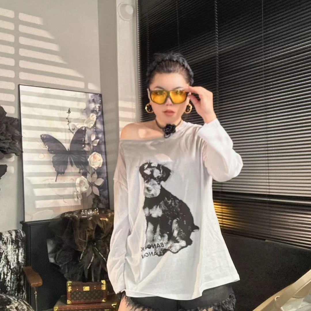 D050新款美式复古卡通印花斜肩长袖T恤