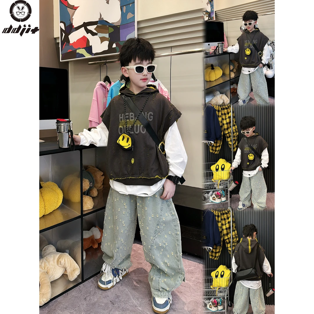 蛋蛋家【旷野】春季新款时尚男童棕色撞黄色内里连帽马甲