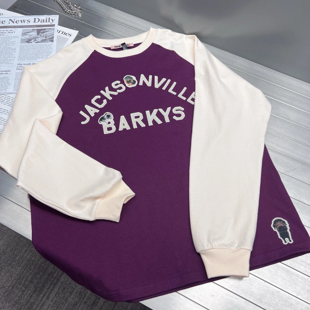 深圳南油出品TTONE卡通日常刺绣重工插肩袖拼接长袖圆领T恤